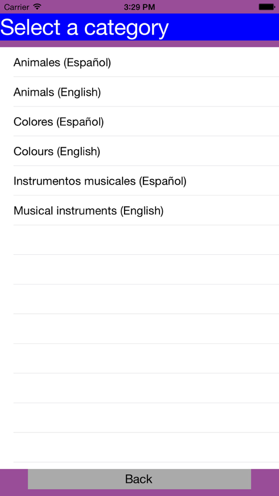 Accessible letter soup - Pantalla de selección de categoría con una lista de temas en inglés y español para el juego de sopa de letras.