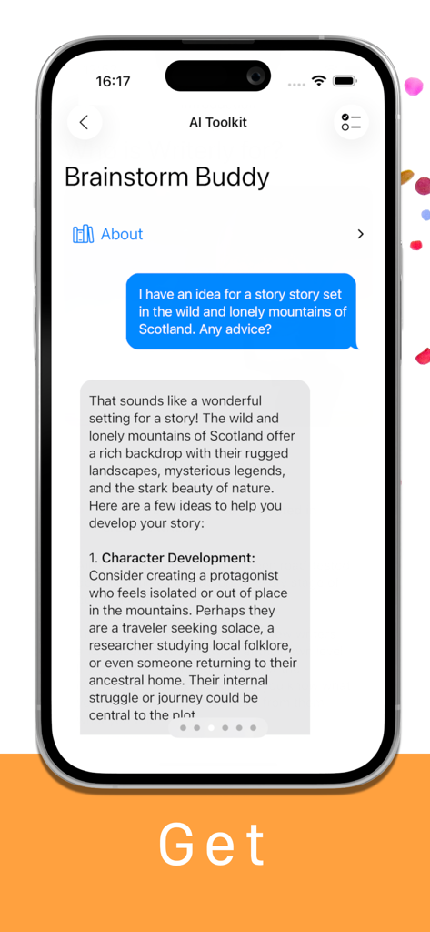 Writerly - A screenshot of the Writerly app showing the AI Brainstorm Buddy interface where a user receives creative writing advice and character development ideas.