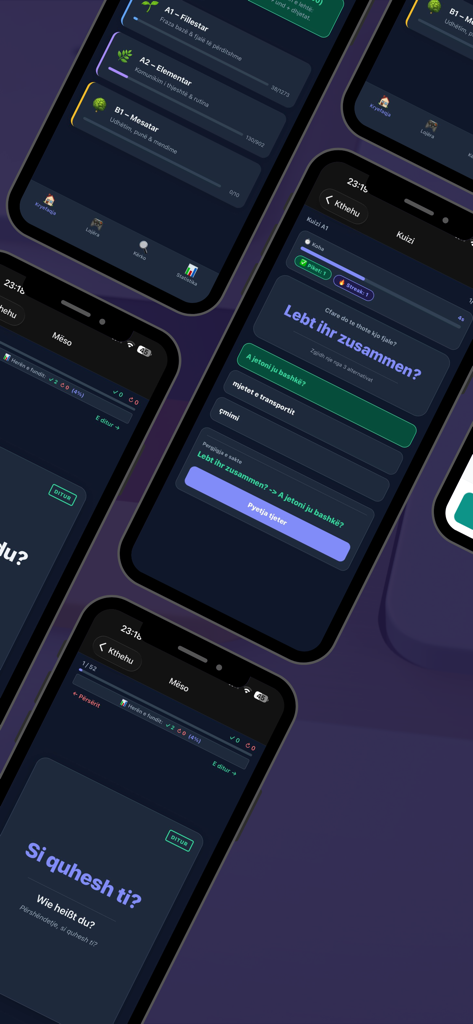 Interfaz de la aplicación MsoPak que muestra lecciones y cuestionarios de vocabulario alemán en albanés