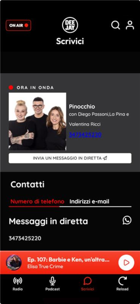 Radio Deejay - Interface of the Radio Deejay app showing the contact section for live messaging.