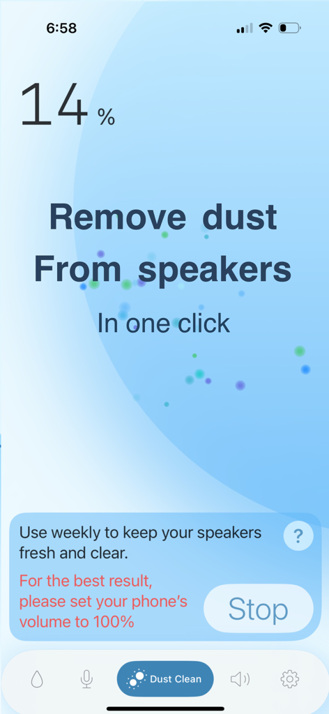 CleanSound app interface showing the dust removal process from phone speakers with a progress tracker