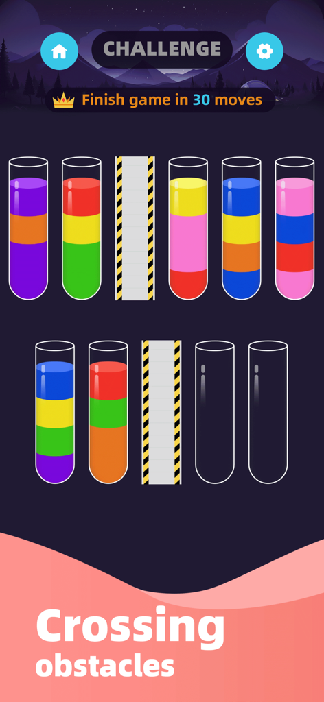 Water Sort Master-Color Puzzle - Water Sort Masterのチャレンジモード画面。色付きの液体で満たされた試験管と、障害物を横断する様子が表示されています。