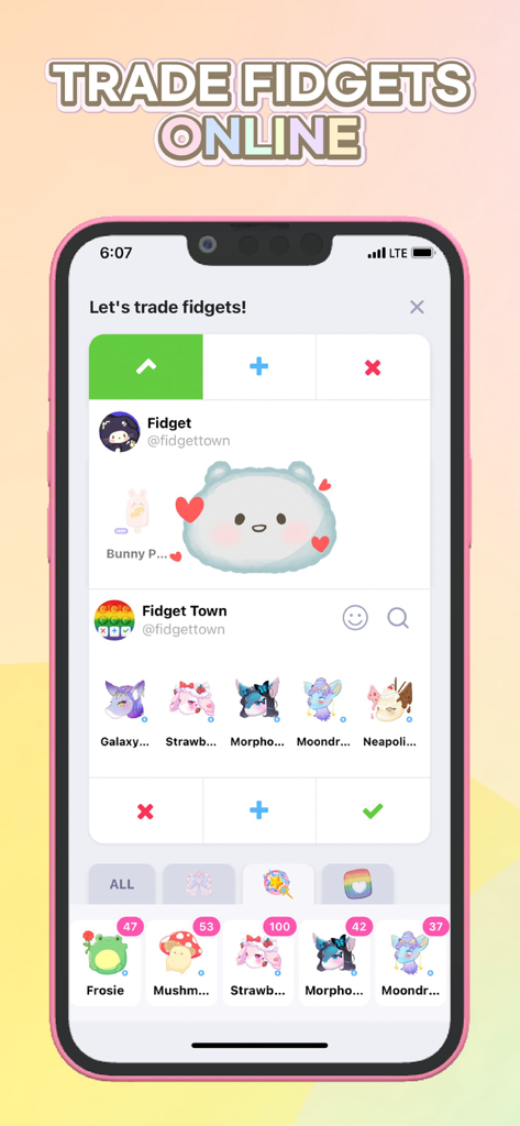 Fidget Town - Fidget trading - Mobile app screen showing the PVP trading table in Fidget Town where users exchange cute virtual fidget toys