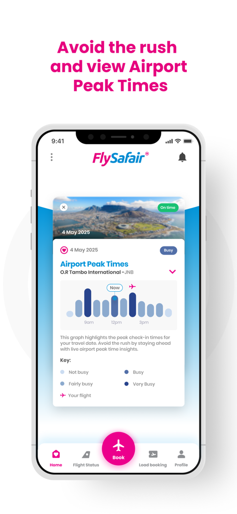 FlySafair - FlySafair app screen displaying a peak times bar graph for O.R. Tambo International airport