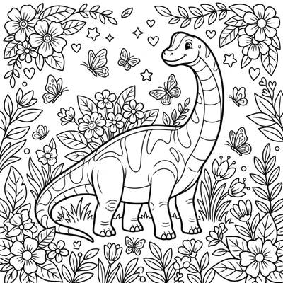 Embark on a prehistoric journey with this delightful Patagotitan dinosaur coloring page, set in a blooming spring garden. Kids will love bringing this friendly giant and its beautiful surroundings to life with their favorite colors.