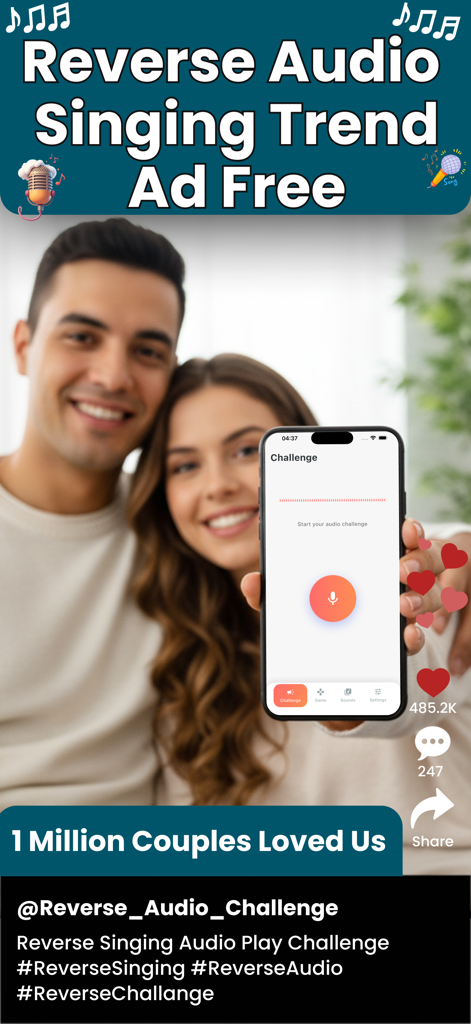 Una pareja feliz sosteniendo un smartphone que muestra la interfaz de la aplicación de audio inverso para una tendencia de desafío de canto.