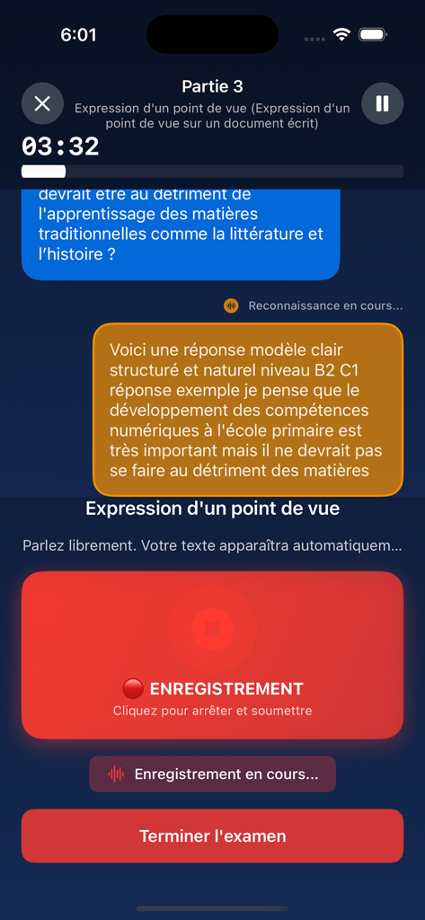 Interfaz de la aplicación TCF Canada Speaking Test Coach que muestra una sesión de grabación de voz para la expresión de un punto de vista del examen con una respuesta modelo de IA