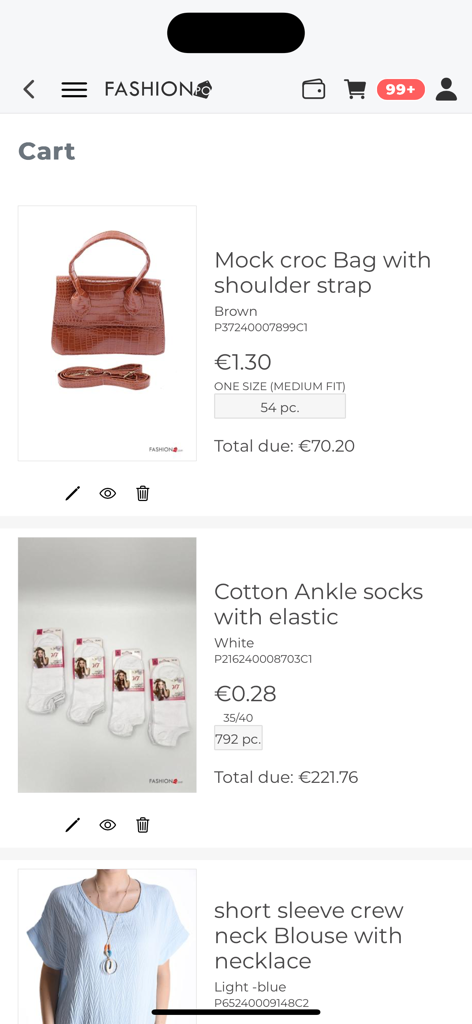 FashionPo - Schermata del carrello nell'app FashionPo che mostra quantità all'ingrosso di accessori e abbigliamento
