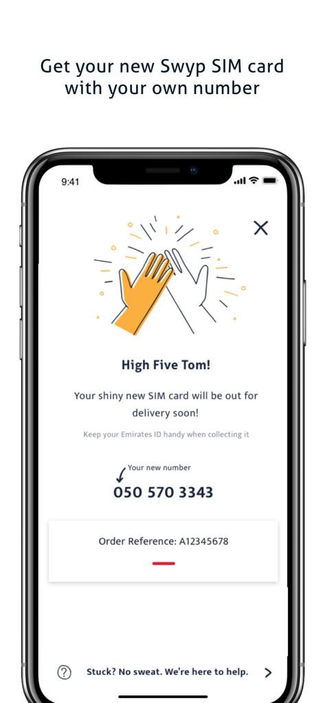 swyp UAE - A smartphone displaying a successful swyp UAE SIM card order confirmation with a new mobile number and delivery notification.