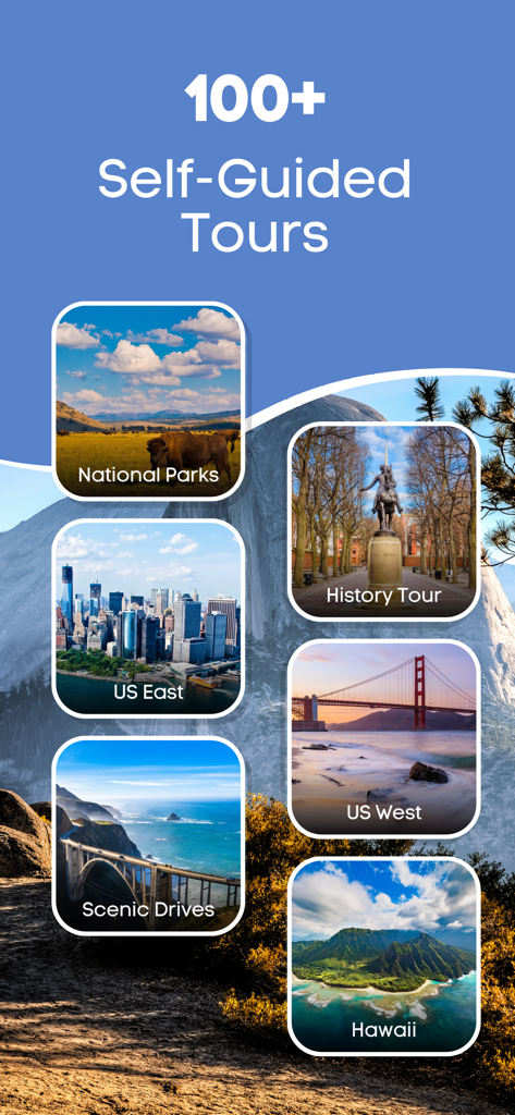 Yosemite National Park Tour - Mobile screen showing over 100 self guided tour categories including National Parks and Scenic Drives