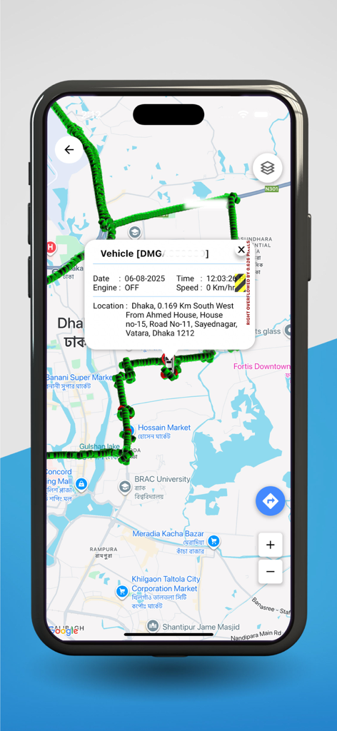 Grameenphone Vehicle Tracking - Grameenphone Vehicle Tracking app showing a car location and status details on a map in Dhaka