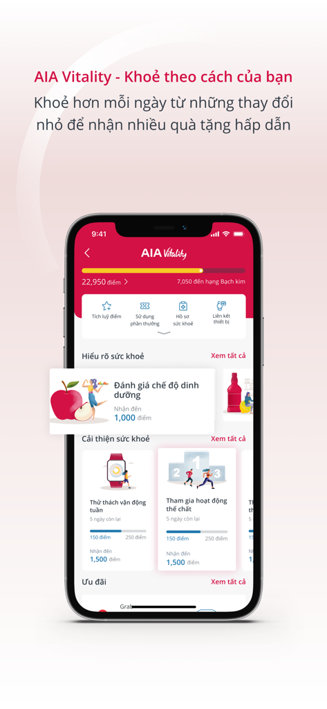 Dashboard dell'app mobile AIA plus per Vitality che mostra punti salute, sfide di fitness e premi nutrizionali.