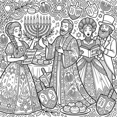 Immerse yourself in a cultural and festive scene with this unique coloring page featuring elegantly dressed opera singers celebrating Hanukkah. Discover intricate details and traditional Jewish symbols interwoven throughout this joyous musical celebration.