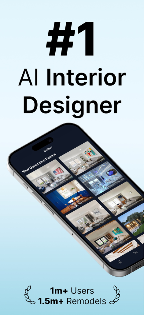 Smartphone displaying a gallery of AI-generated room designs in the Remodeled.AI app