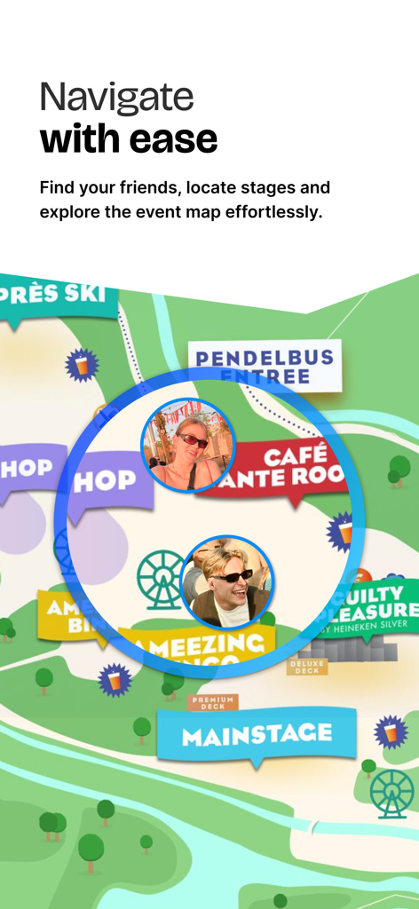 Appic - Festivals & More - Interactive festival map showing stage locations and friend positions in the Appic app