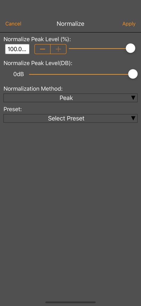 WavePad Music and Audio Editor - Interface of the WavePad audio editor normalization tool showing peak level adjustments and presets
