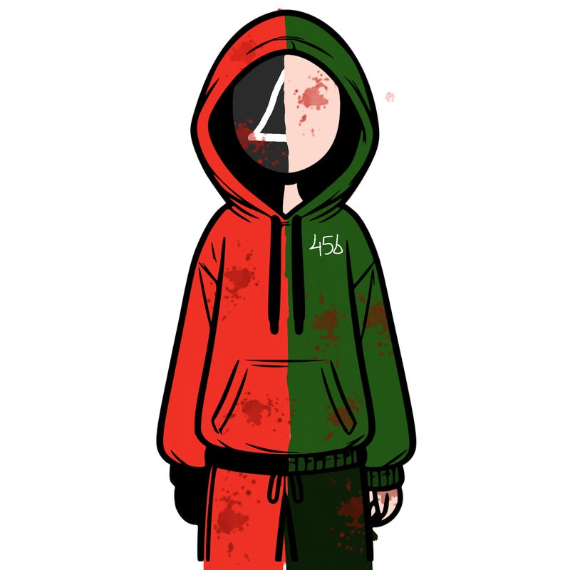 faceless girl in a tracksuit with a hood on and no hair