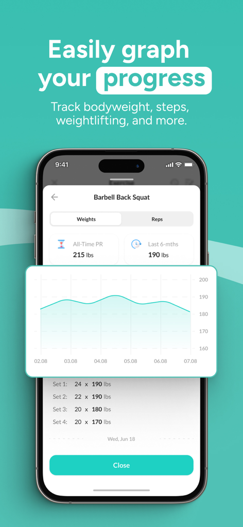WeStrive - WeStrive app interface showing a barbell back squat progress chart with weight and repetition logs.
