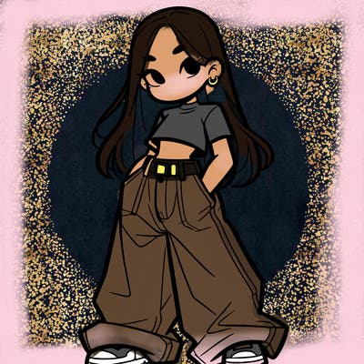 girl with long hair baggy pants and a crop top