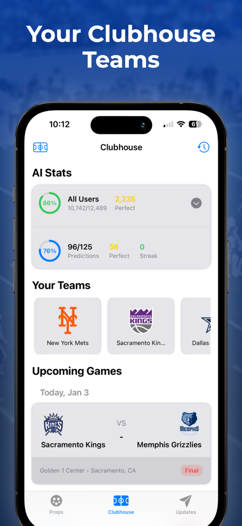 SportBuddy AI: Live Scores - SportBuddy AI Clubhouse dashboard showing user prediction statistics and favorite sports teams