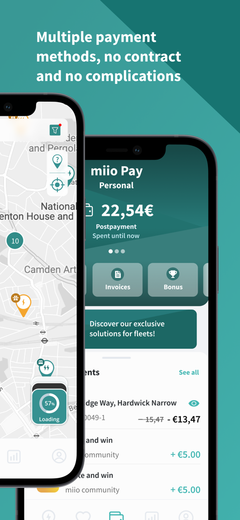 miio - miio アプリのインターフェース。EV 充電ステーションのマップと、ユーロでの残高と取引履歴が表示される支払い画面を表示しています