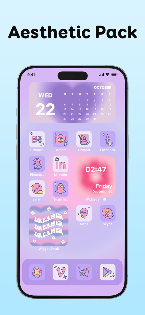 A purple aesthetic iPhone home screen featuring custom widgets and pastel app icons