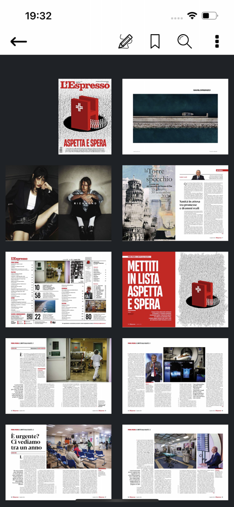 L'Espresso - Digitales Raster von L'Espresso-Magazinseiten mit verschiedenen Artikeln und investigativen Berichten