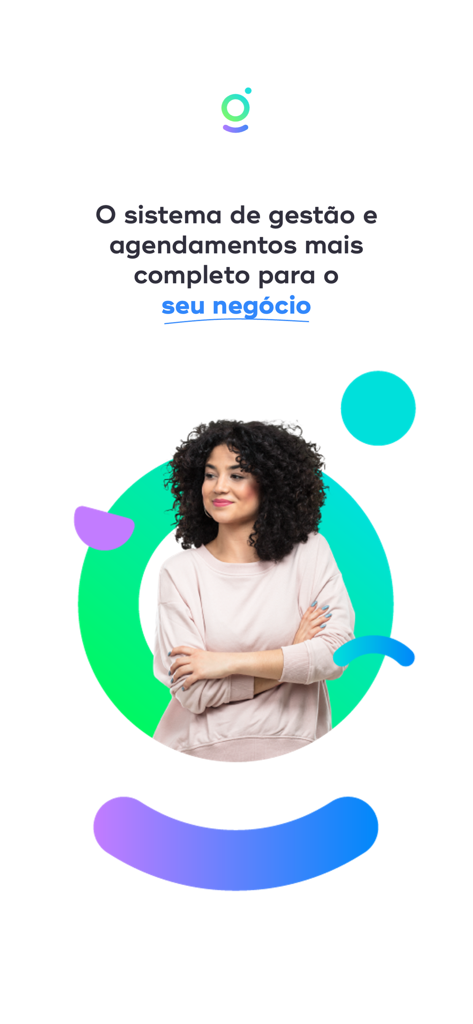 Tela promocional do Gendo Profissionais com uma mulher profissional e texto descrevendo um sistema completo de gestão e agendamento de negócios em português.
