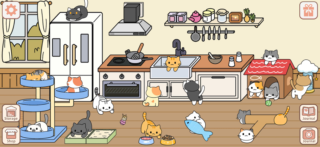 Dream House Decorating Games - Una acogedora cocina de dibujos animados llena de muchos gatos lindos jugando y descansando en un juego de decoración virtual.