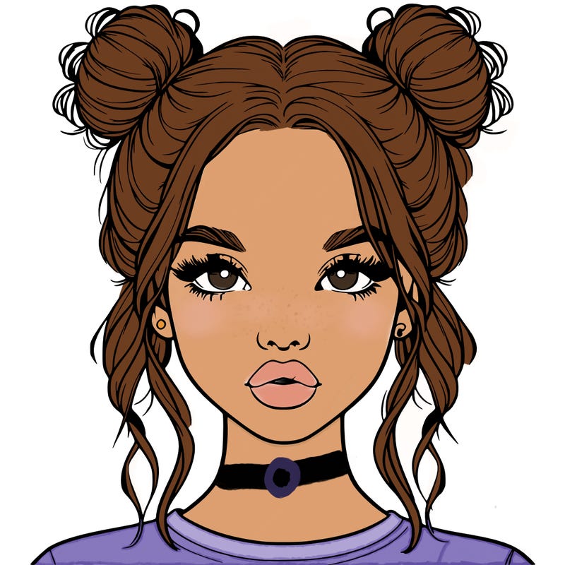realistic girl with two buns in hair and lips