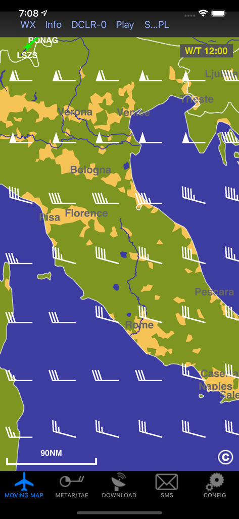 ADLConnect - ADLConnect app moving map interface showing wind barbs and aviation weather data over Italy.