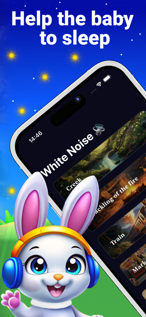Baby Sleep Stories: Lullabies - Un simpatico coniglietto mascotte con le cuffie accanto a uno smartphone che mostra suoni del sonno con rumore bianco come ruscello e treno