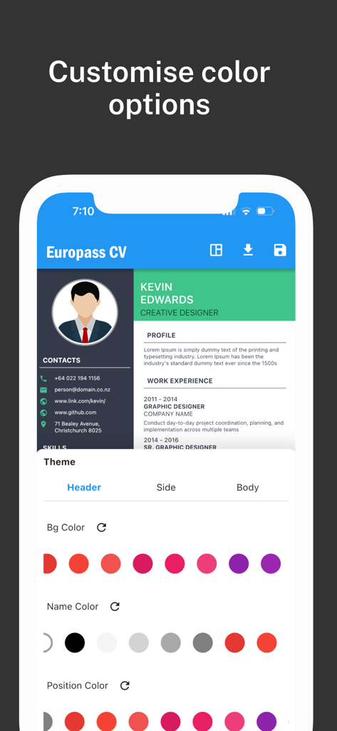 A mobile interface for customizing the header side and body colors of a Europass CV template.