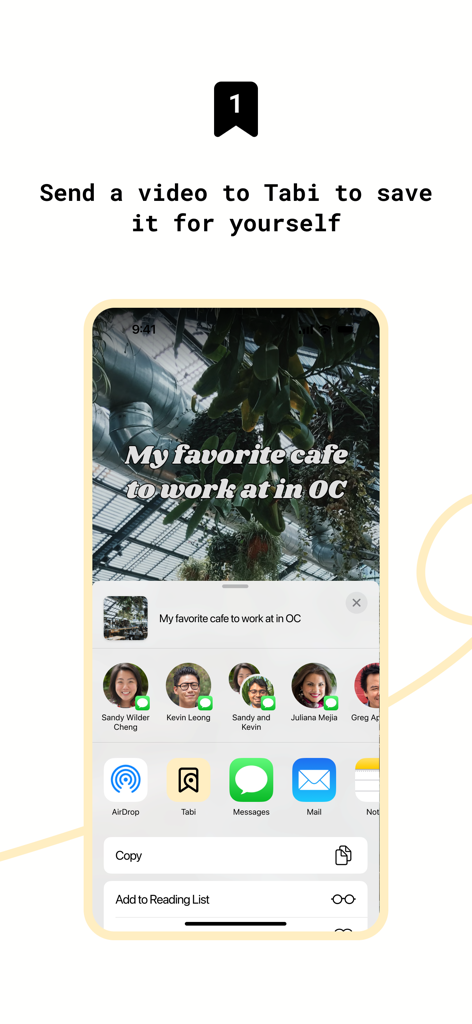 Pantalla instructiva que muestra cómo compartir un video de redes sociales en la aplicación Tabi usando la hoja de compartir de iOS.