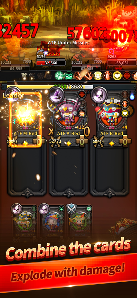 Triple Fantasy pixel art battle scene showing card combination and massive damage numbers