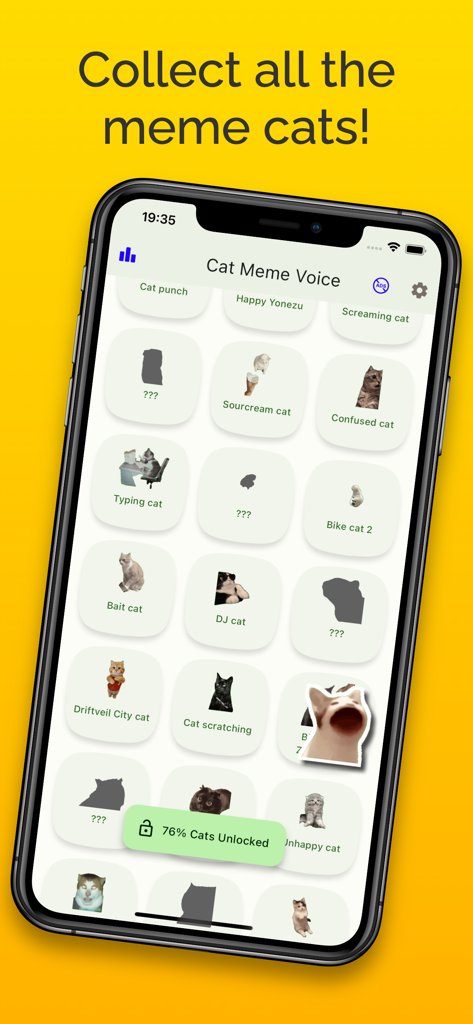 Cat Meme Voice: Meow anytime! - iPhone screen displaying a grid of viral cat memes with a progress bar showing 76 percent of cats unlocked