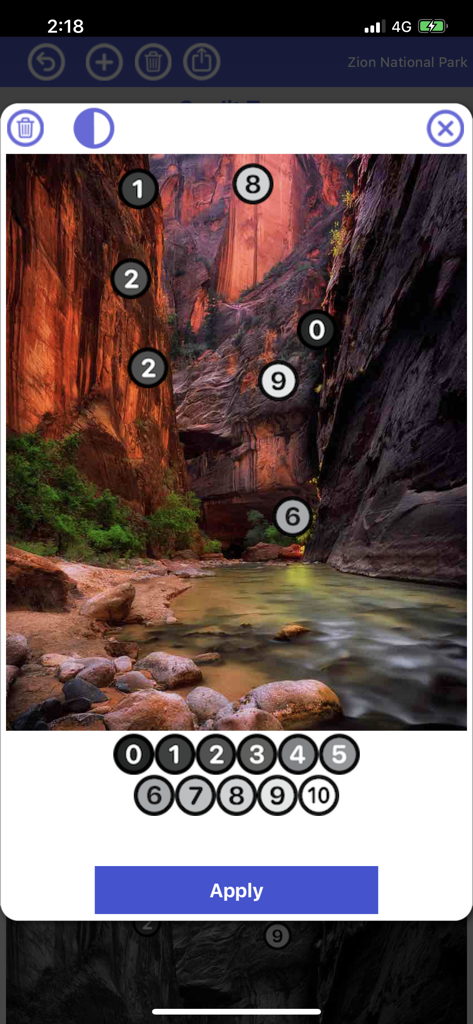 Reciprocity Timer app interface displaying the Zone System editor with tonal zone markers on a landscape photo of Zion National Park.