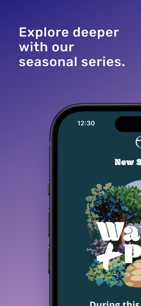 A screenshot of the Everyday Faith app showing a seasonal reflection series with an illustration of a lush garden.