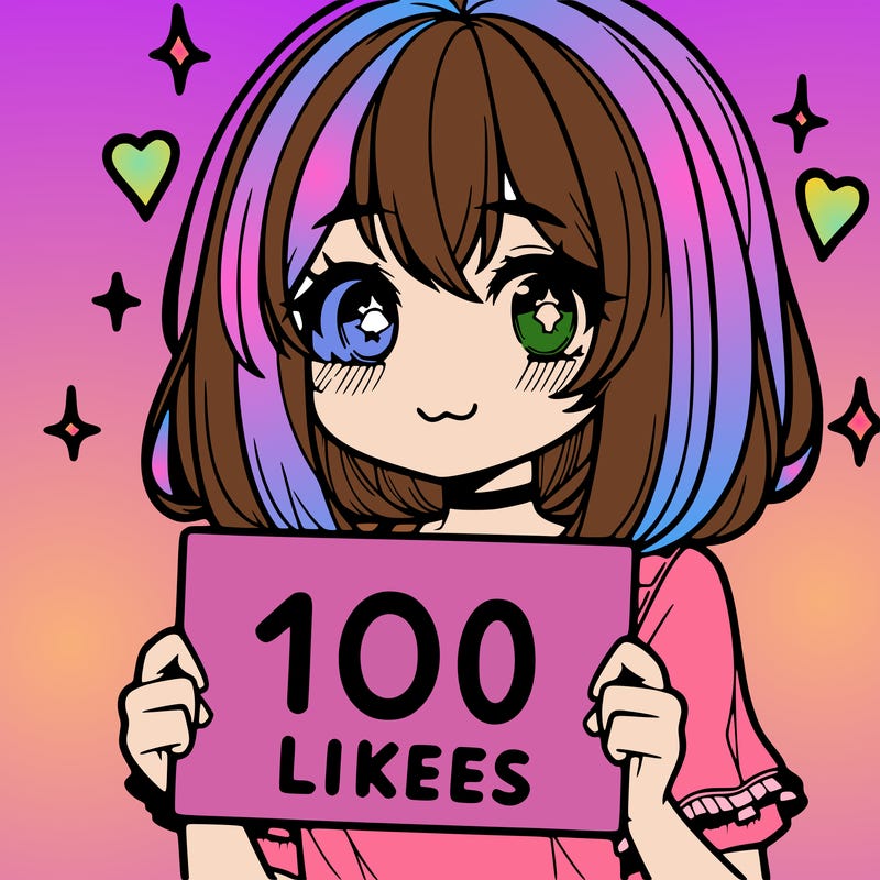 anima girl holding a 100 likes sign in her hand