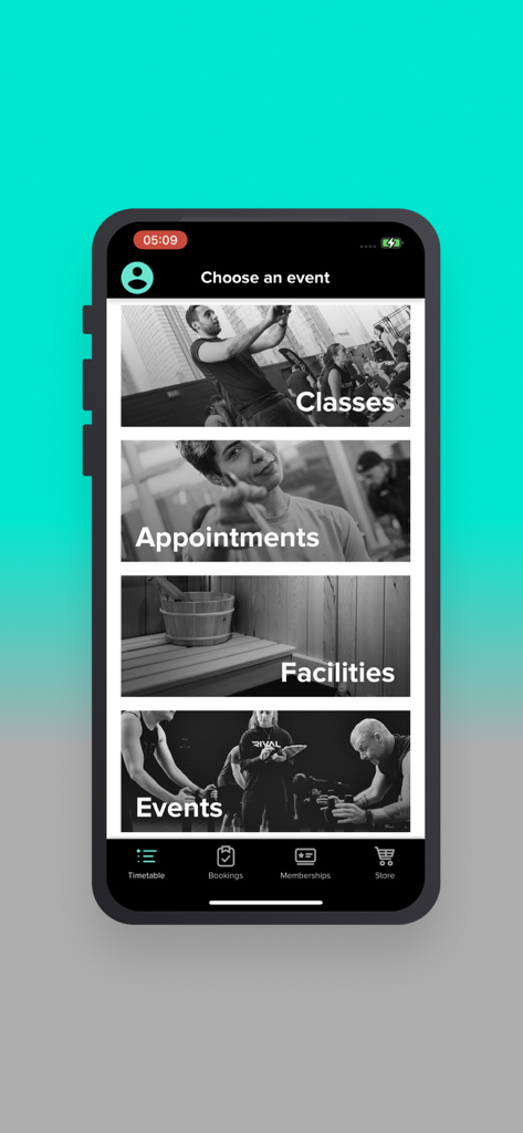 Alter Ego Gym mobile app interface showing categories for classes appointments facilities and events