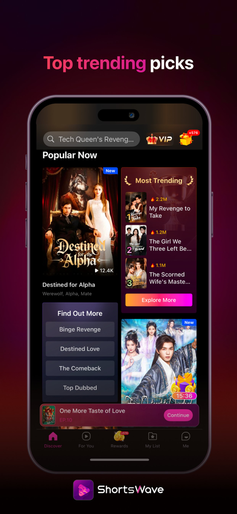 A mobile phone screen displaying the ShortsWave app interface with a selection of top trending and popular short drama series like Destined for the Alpha.
