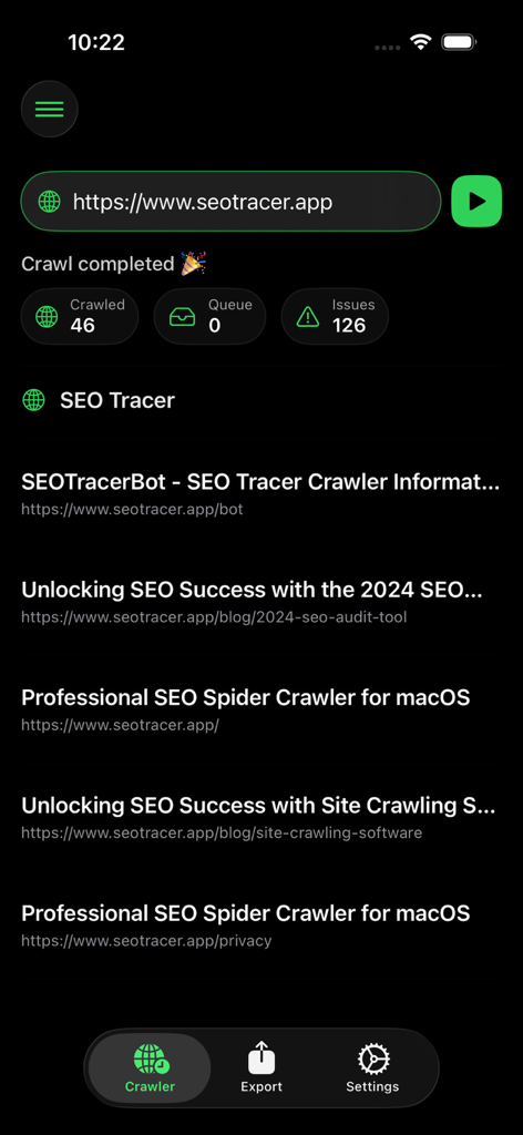 SEO Tracer: Site Audit - SEO Tracer app interface showing a completed site audit with total crawled pages and issues detected