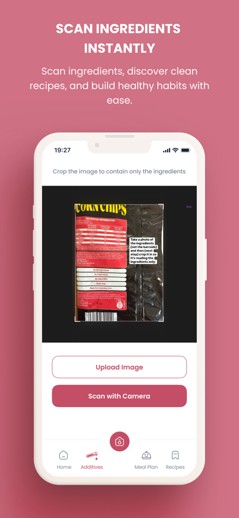 Additive-Free Lifestyle - A mobile phone screen illustrating the ingredient scanning feature of the Additive-Free Lifestyle app.