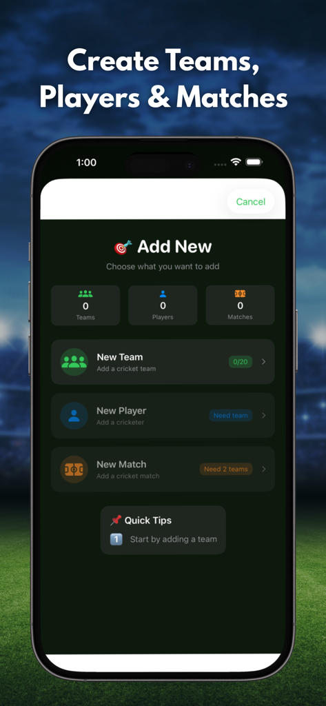 Mobile app interface for adding new cricket teams players and matches