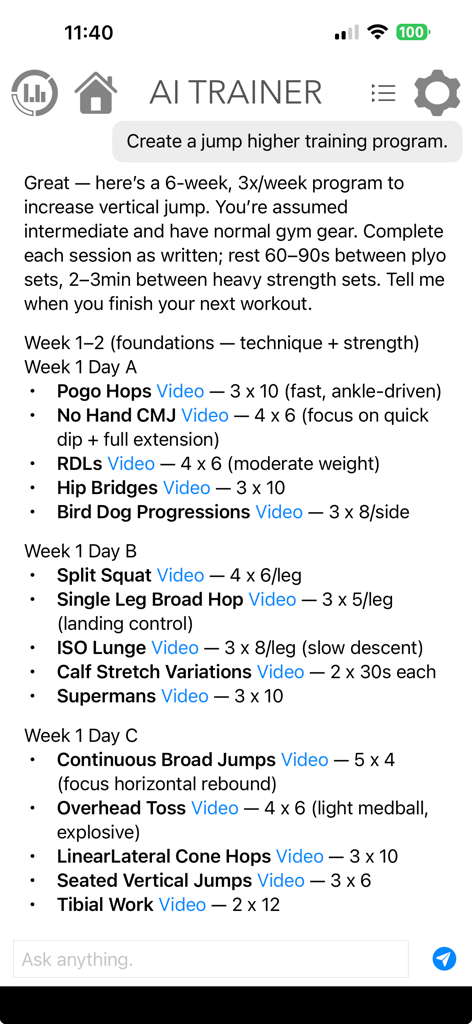 A screenshot of the VERT app AI Trainer showing a custom six week vertical jump training schedule.