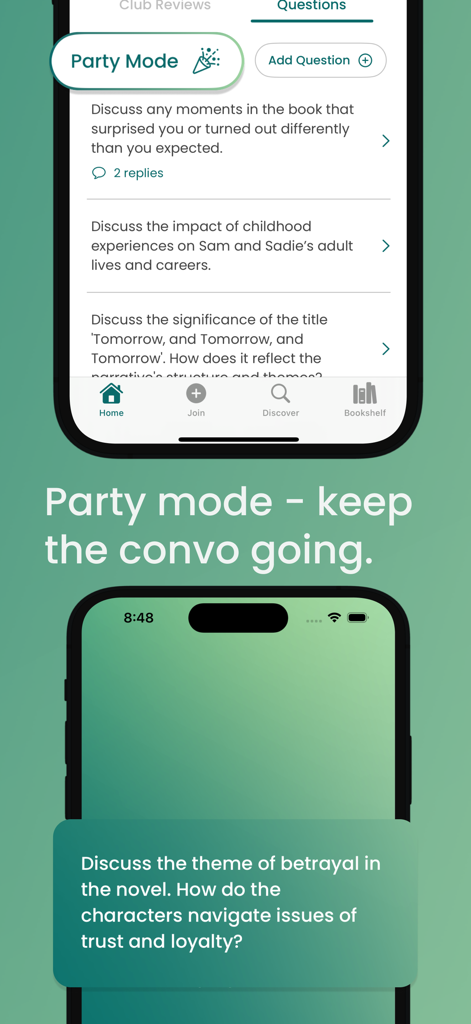 Storyline – Book Club App - Captura de tela do aplicativo Storyline mostrando o Modo Festa com perguntas e prompts interativos de discussão de livros