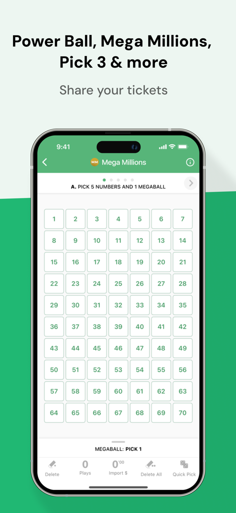 TuLotero Lottery App - Interfaccia dell'app TuLotero che mostra una griglia di selezione dei numeri per la lotteria Mega Millions su uno smartphone.