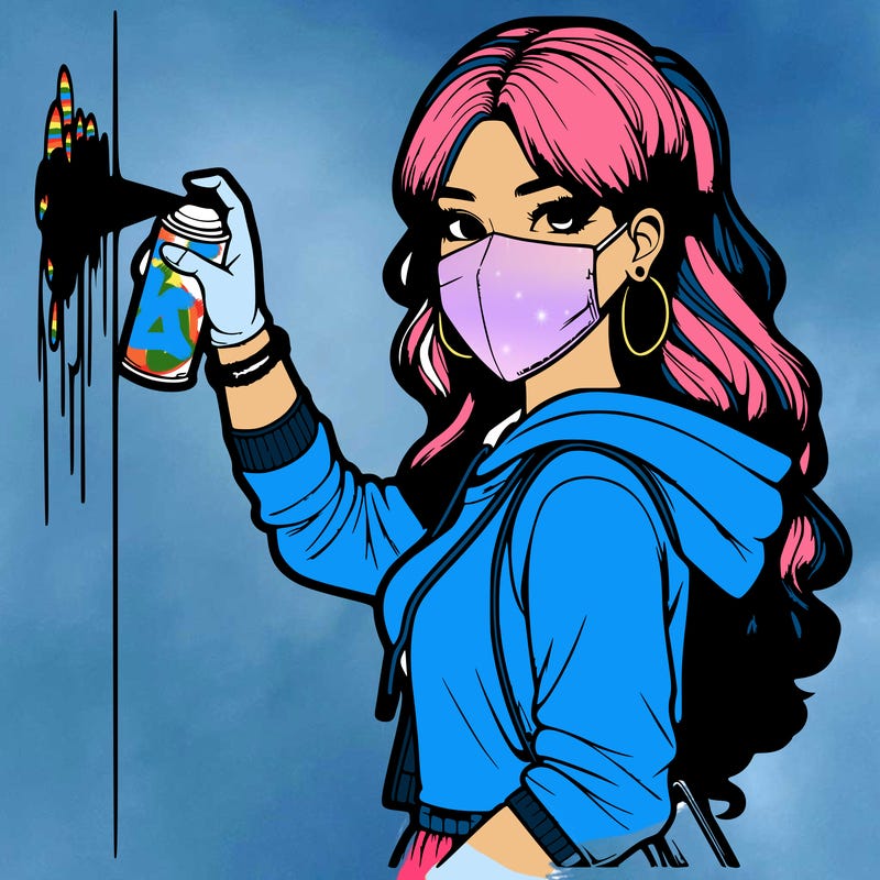 realistic girl with mask spray painting a wall