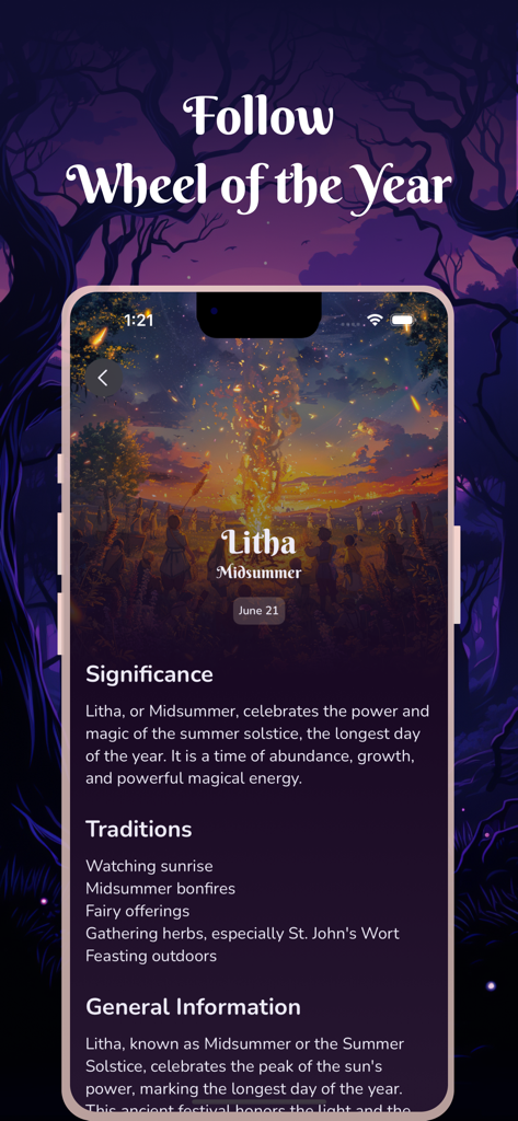 Witchcraft & Wicca - Coven App - A smartphone displaying information about the Litha Midsummer Sabbat in the Witchcraft and Wicca Coven app.