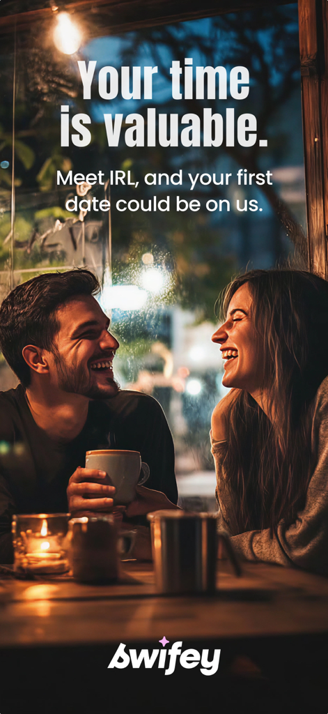 A couple laughing together on a date at a cafe to highlight Swifey dating app features